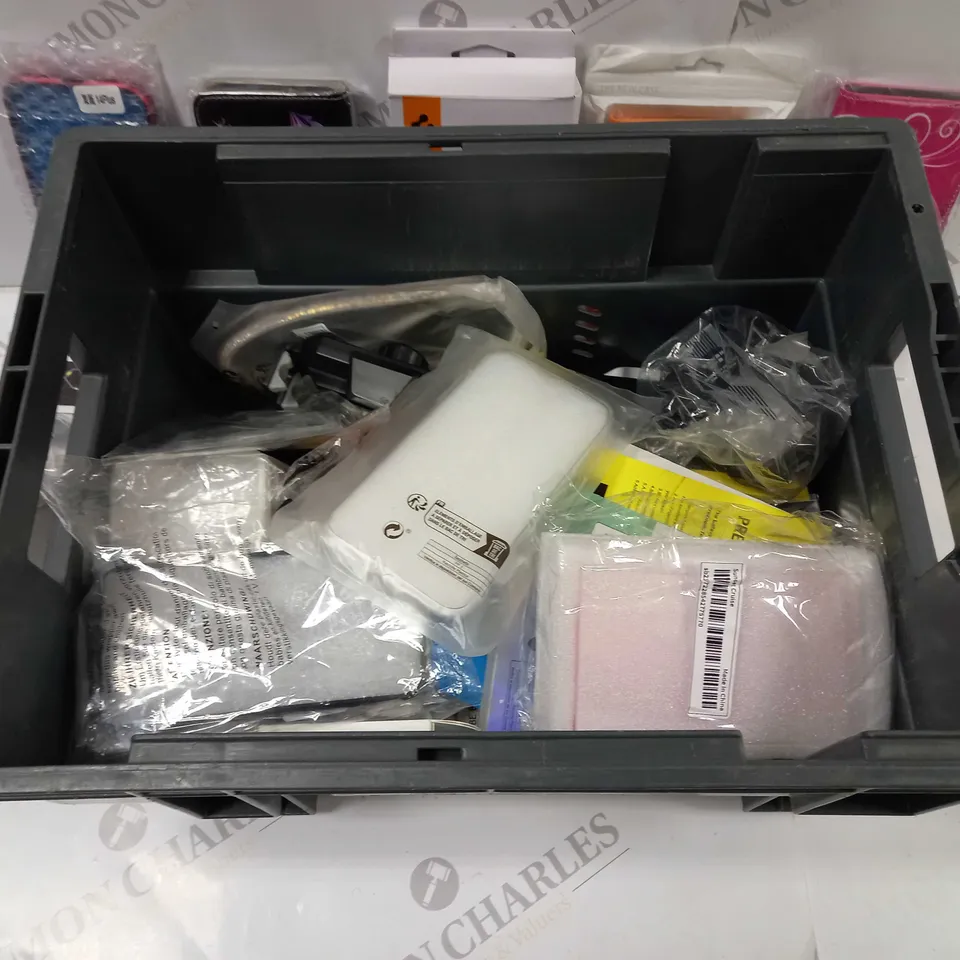BOX TO CONTAIN APPROX. 25 X ASSORTED PHONE ACCESSORIES. INCLUDES PHONE CASES, CHARGING CABLES, SCREEN PROTECTORS ETC 