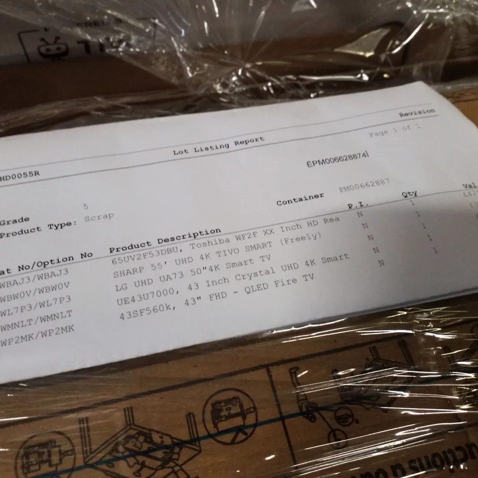 PALLET OF FIVE ASSORTED WAREHOUSE DAMAGED TV'S TO INCLUDE;