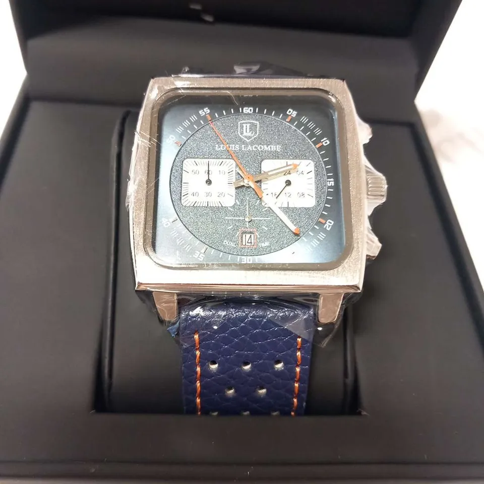  	MENS LOUIS LACOMBE CHRONGRAPH WATCH – 3 SUB DIALS – BLACK CASE – LEATHER STRAP – EST £395	1