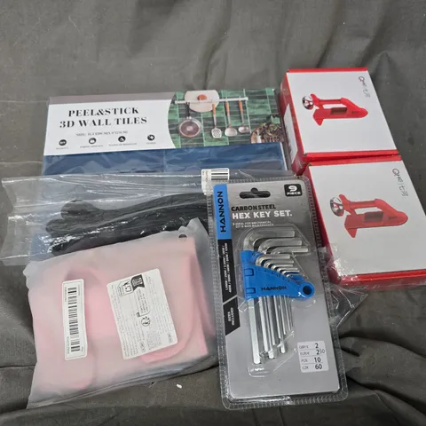 APPROXIMATELY 12 ASSORTED HOUSEHOLD ITEMS TO INCLUDE STICK WALL TILES, HEX KEY SET, CROSSFIT BAND, ETC