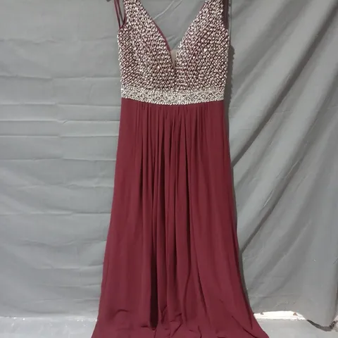 GINO CERRUTI OPEN BACK FAUX CRYSTAL DETAIL SHOULDER STRAP DRESS IN BURGUNDY- SIZE SMALL