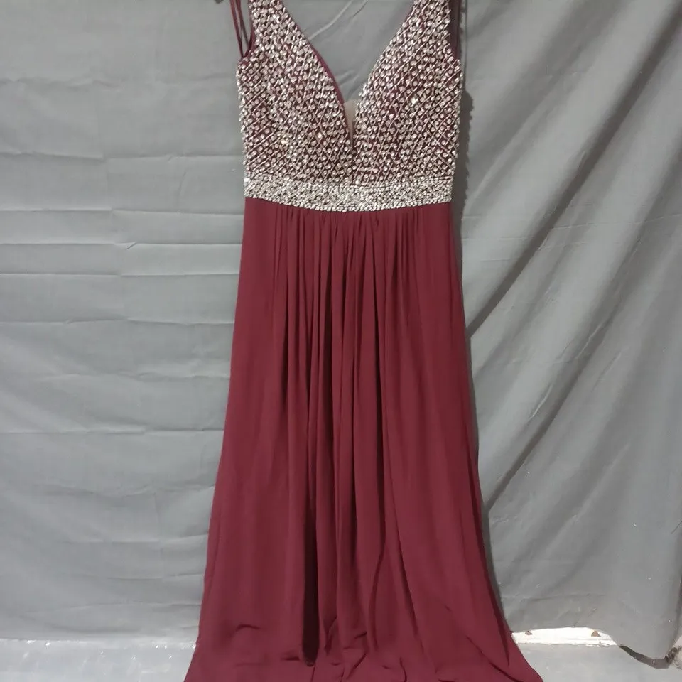 GINO CERRUTI OPEN BACK FAUX CRYSTAL DETAIL SHOULDER STRAP DRESS IN BURGUNDY- SIZE SMALL