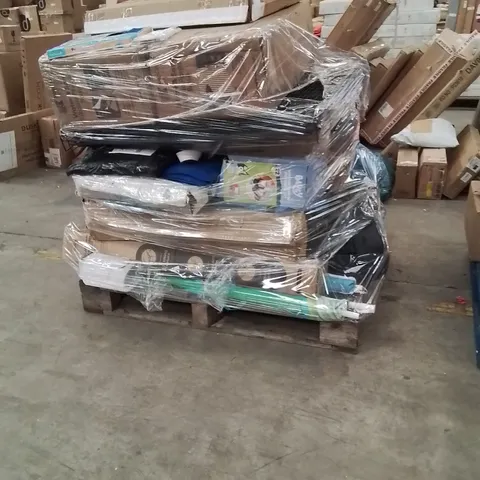 PALLET OF ASSORTED HOUSEHOLD GOODS AND PRODUCTS TO INCLUDE;DOG CAGE,DOG COOLING MAT,COOLER BOX,PARSOLE BASE
