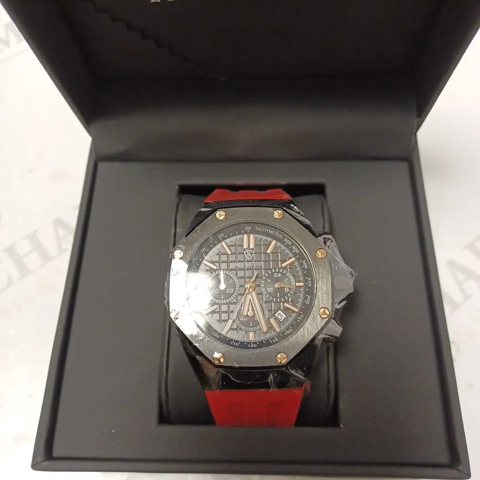 RUCKSTUHL OCTAGONAL BLACK TRIPLE DIAL STUD RED RUBBER STRAP WATCH