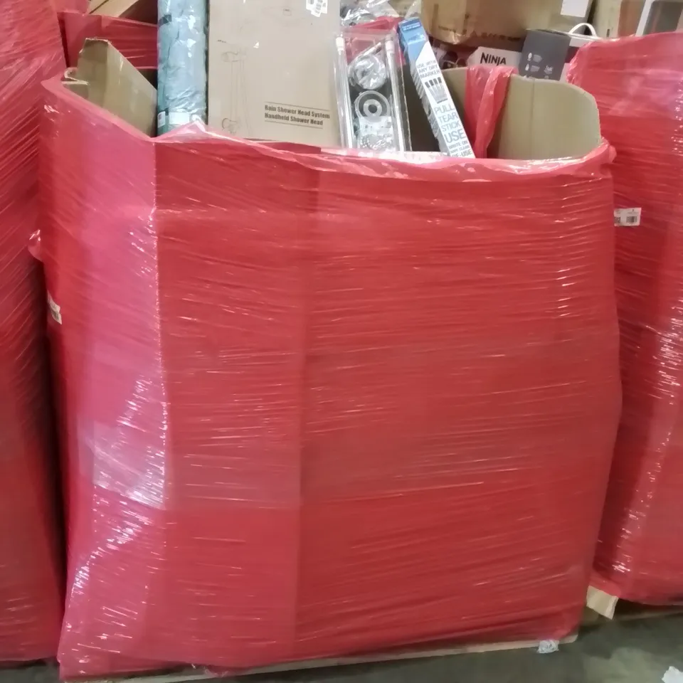 PALLET CONTAINING VARIOUS ASSORTED BOXED HOUSEHOLD ITEMS TO INCLUDE: RAIN SHOWER HEAD SYSTEM, MAGIC WHITEBOARD, PULL UP BAR AND LOTS MORE UNMARKED BOXED ITEMS 