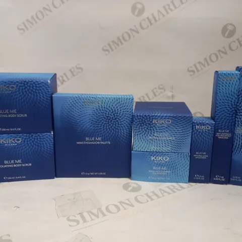 LOT OF 9 KIKO MILANO BLUE ME COSMETIC ITEMS, TO INCLUDE LIP & EYE MAKEUP, BODY SCRUB, FACE CREAM & FACE SCRUB