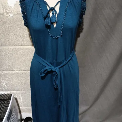 BODEN SEA GREEN BELTED MAXI DRESS WITH TASSEL NECK TIE AND TRIM - SIZE 14