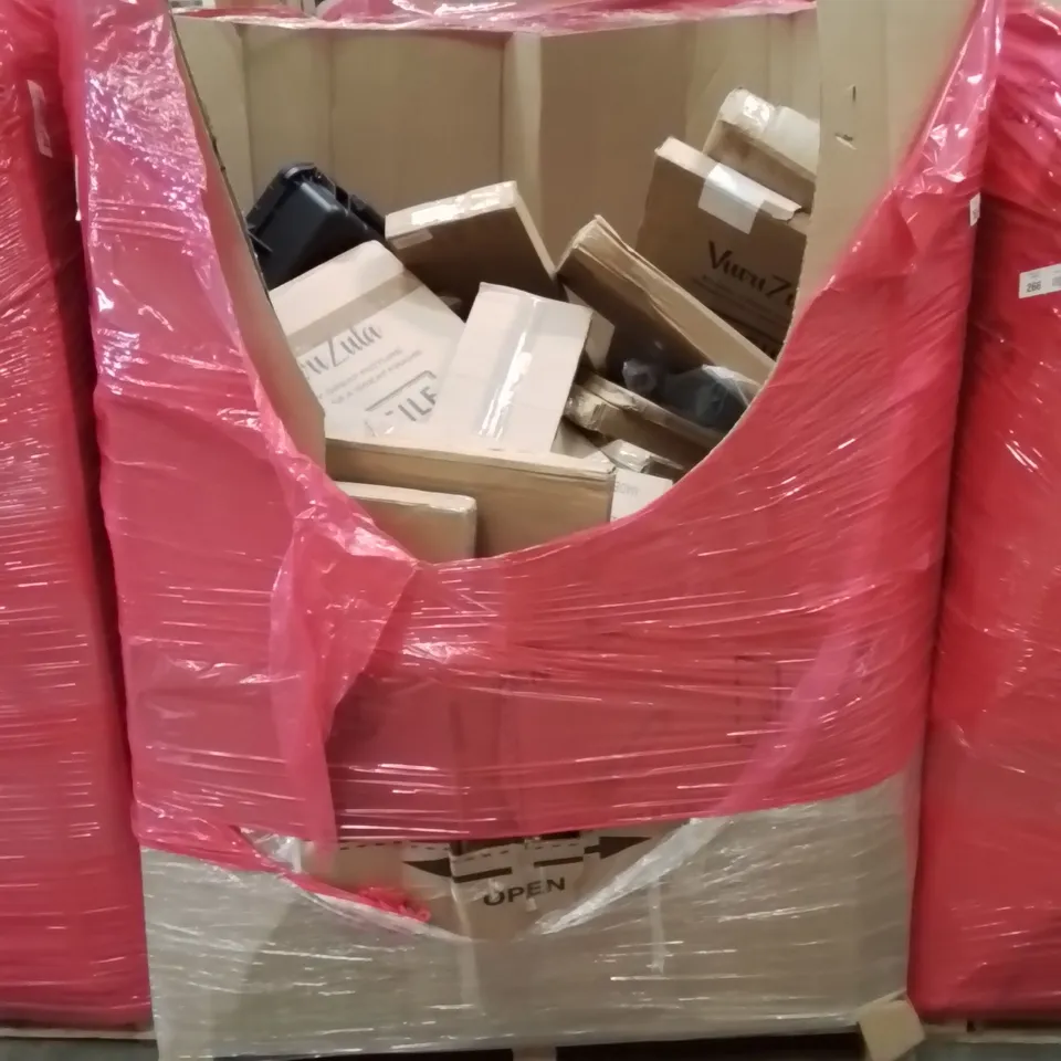 PALLET CONTAINING VARIOUS ASSORTED HOUSEHOLD ITEMS TO INCLUDE: PICTURE FRAMES, SAFETY PROTECTION STORAGE CASE, PLAYMAT, STORAGE OTTOMAN AND LOTS MORE UNMARKED BOXED ITEMS 