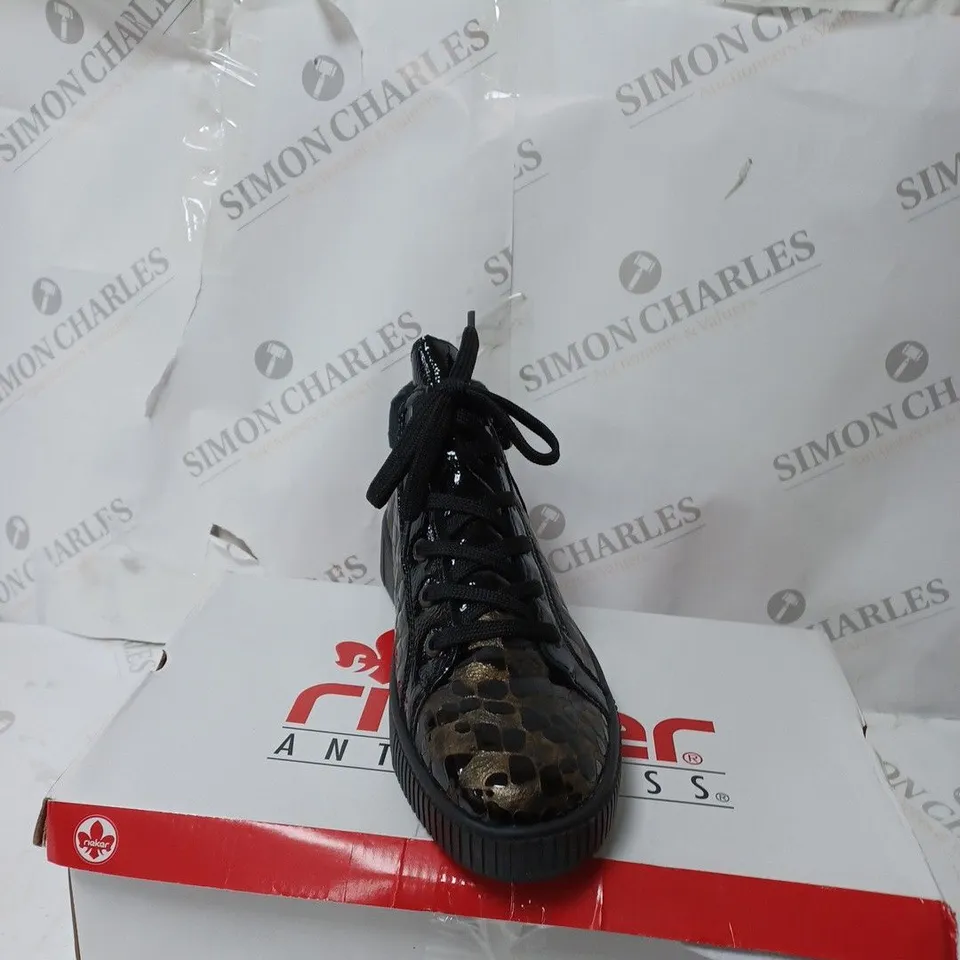 RIEKER TRAINER BOOT SIDE ZIP BLACK PATENT MULTI COLOURED - SIZE UK 7.5 - BOXED 