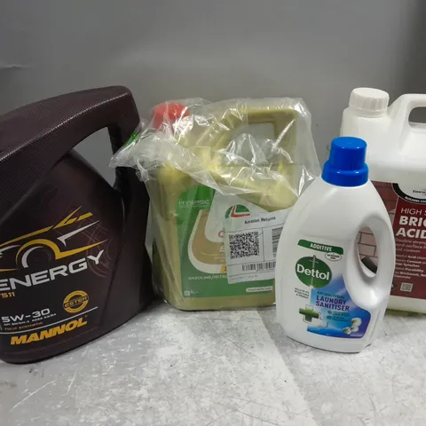 APPROXIMATELY 4 LIQUIDS TO INCLUDE DETTOL LAUNDRY SANITISER (1.5L), CASTROL EDGE GASOLINE/PETROL (4L), BONDIT BRICK ACID (5L), ETC - COLLECTION ONLY