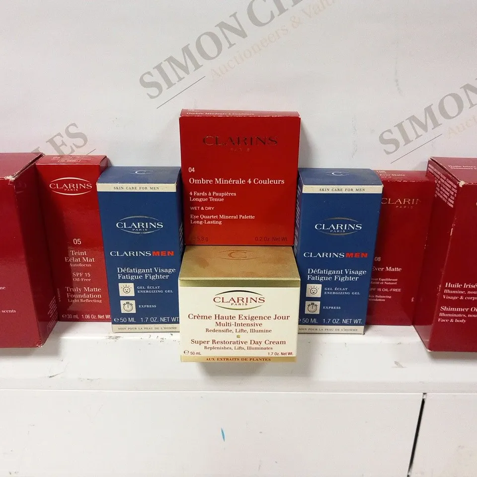 APPROXIMATELY 120 ASSORTED CLARINS PARIS COSMETICS PRODUCTS TO INCLUDE; 