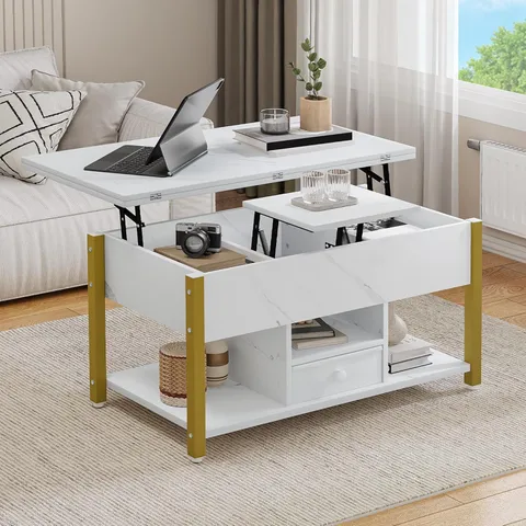 BOXED YITAHOME LIFT TOP COFFEE TABLE WITH DRAWERS - WHITE/MARBLE EFFECT (1 BOX)