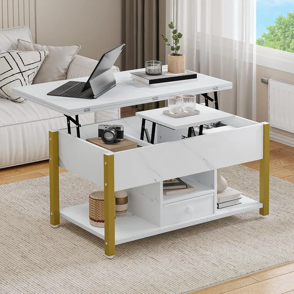 BOXED YITAHOME LIFT TOP COFFEE TABLE WITH DRAWERS - WHITE/MARBLE EFFECT (1 BOX)
