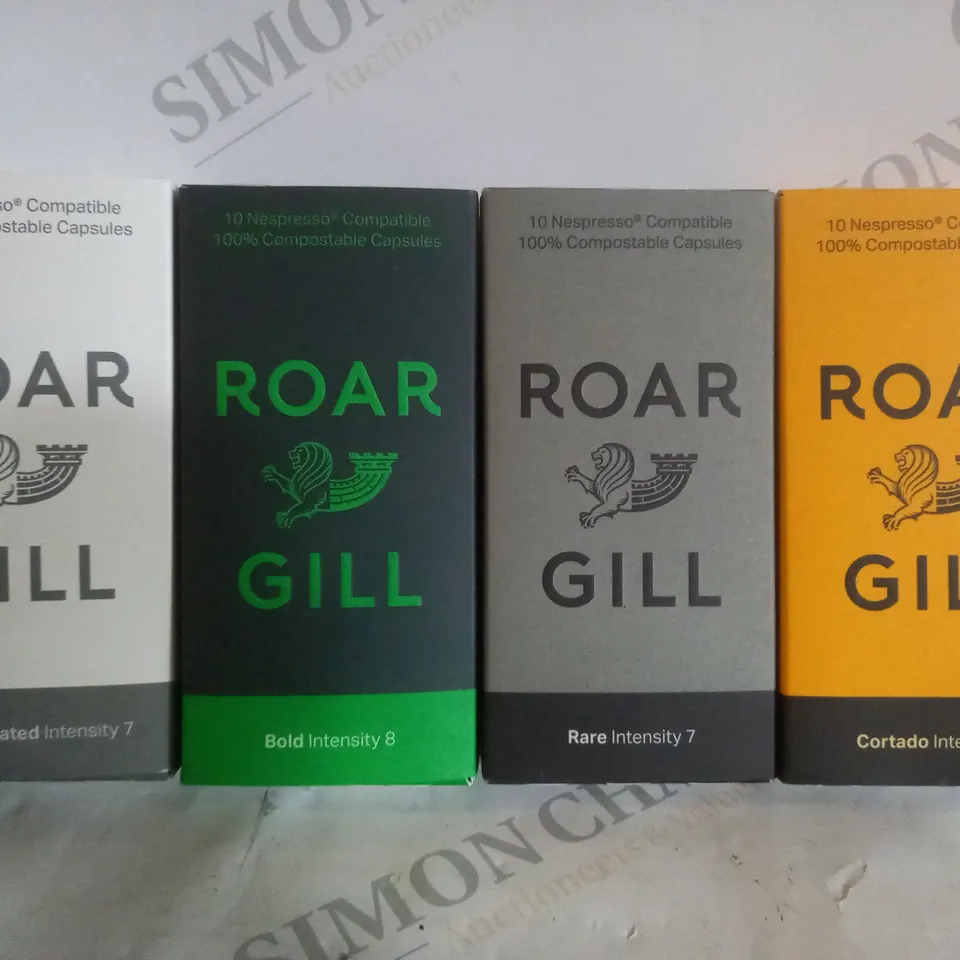 BOX OF APPROX 15 ASSORTED ROAR GILL PRODUCTS TO INCLUDE DECAFFINATED INTENSITY 7 COFFEE, BOLD INTENSITY 8 COFFEE, CORTADO INTENSITY COFFEE 8, ETC 