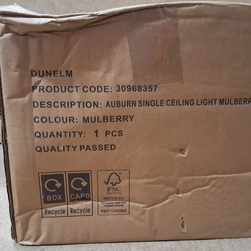 BOXED DUNELM AUBURN SINGLE CEILING LIGHT – MULBERRY GLASS & ANTIQUE BRASS