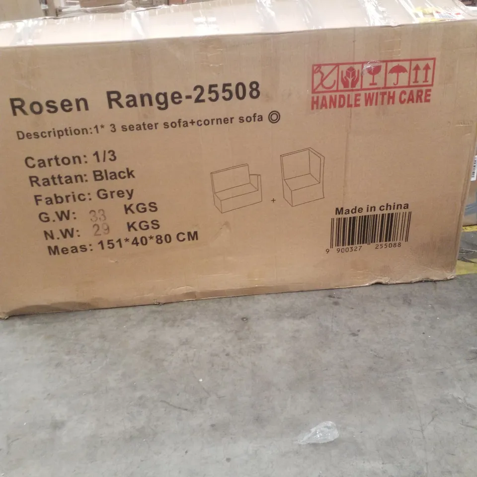 BOXED 9 SEATER RATTAN BLACK GREY FABRIC OUTDOOR SEATING (3 BOXES)