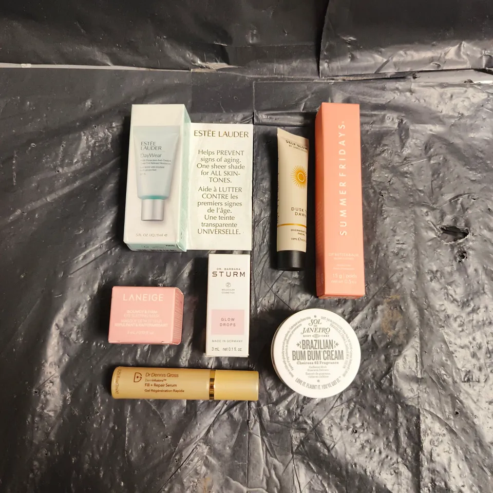 LOT OF 7 ASSORTED COSMETIC PRODUCTS TO INCLUDE - ESTEE LAUDER DAY WEAR MOISTURISER - SOL DE JANEIRO BRAZILIAN BUM BUM CREAM - SUMMER FRIDAYS LIP BUTTER BALM - ETC