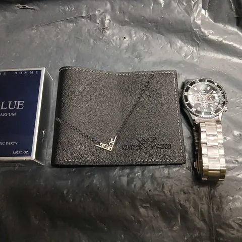 STAINLESS STEEL CHRONOGRAPH WATCH WITH WALLET AND BLUE PARFUM PERFUME