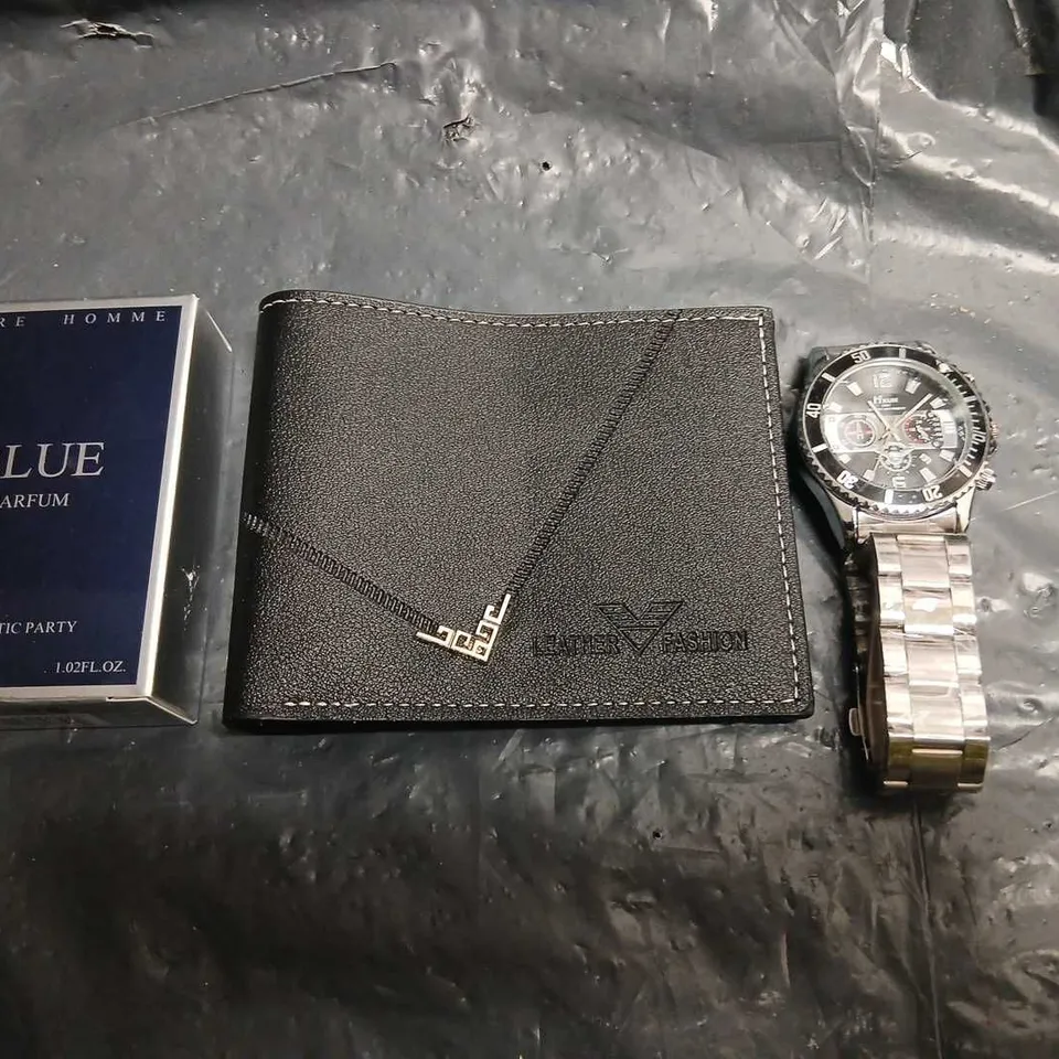 STAINLESS STEEL CHRONOGRAPH WATCH WITH WALLET AND BLUE PARFUM PERFUME