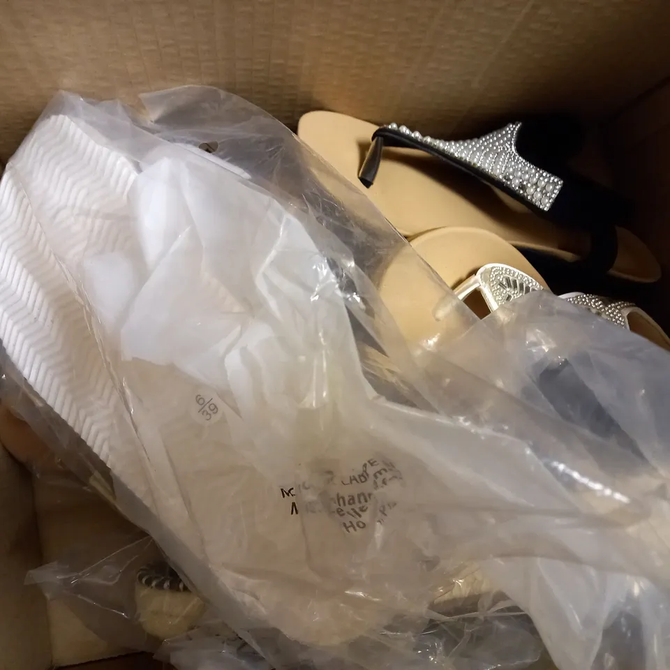 BOX OF APPROX 5 ASSORTED PAIRS OF SHOES IN VARIOUS STYLES AND SIZES 