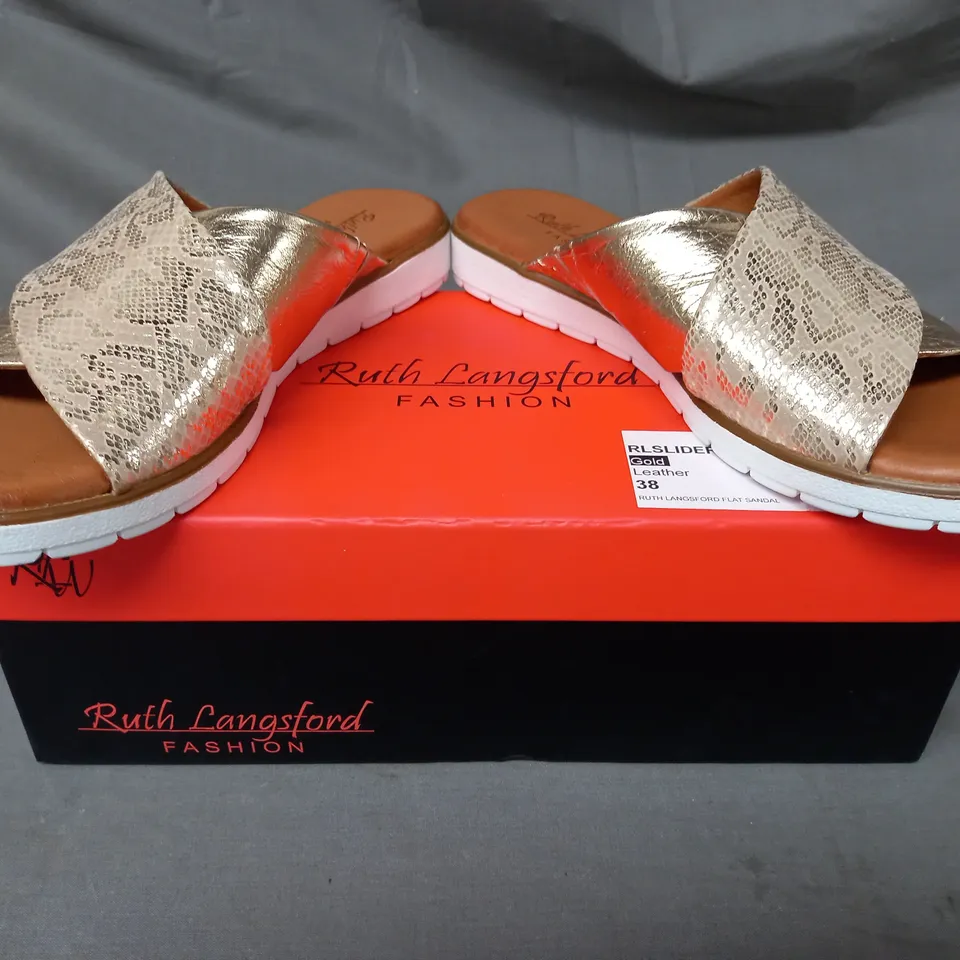 BOXED PAIR OF RUTH LANGSFORD FLAT SANDALS IN METALLIC CHAMPAGNE GOLD SIZE 5