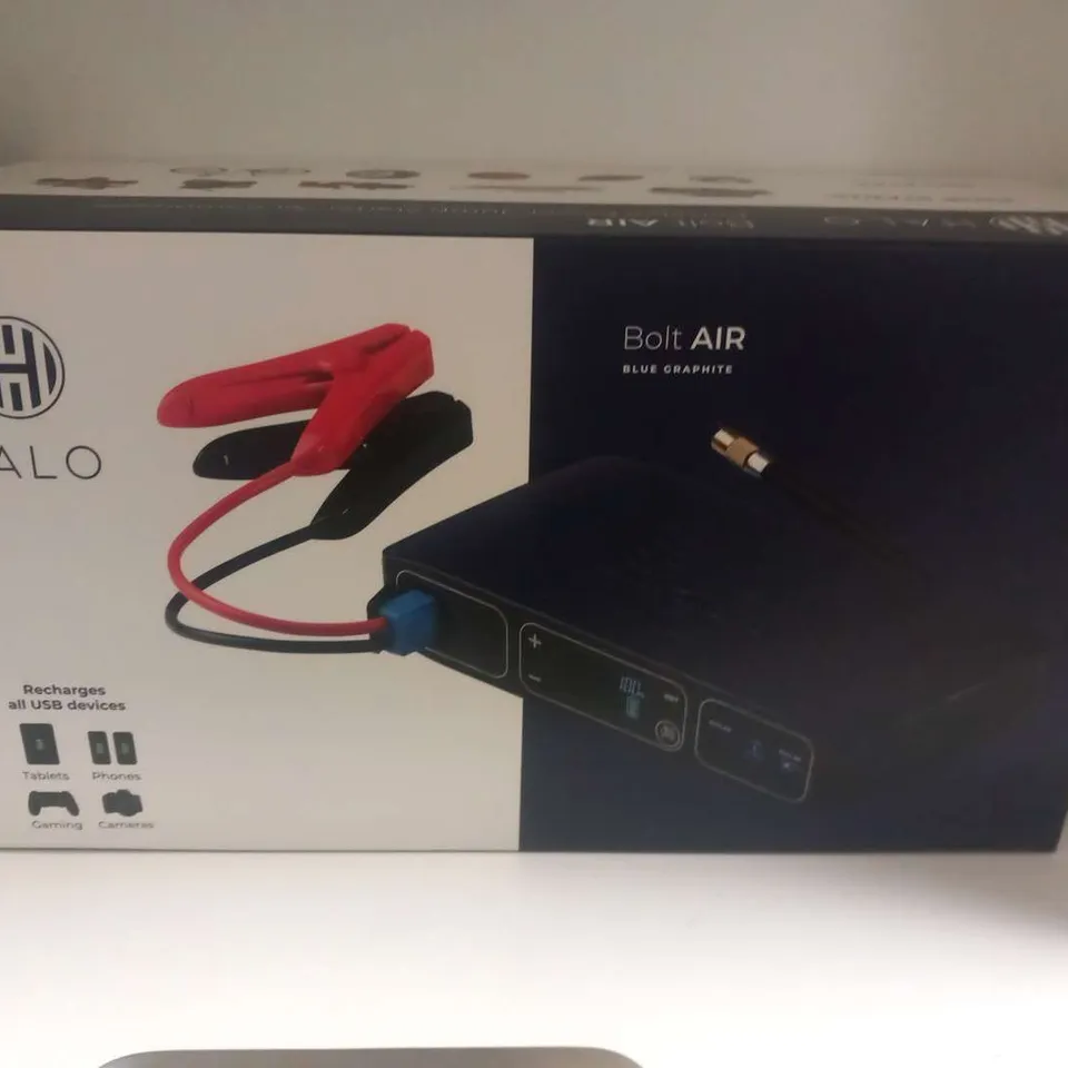 BOXED HALO BOLT AIR 58830 W/ CAR JUMP STARTER, AIR PUMP & 5K MAH PORTABLE CHARGER