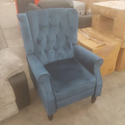 DESIGNER BLUE VELVET UPHOLSTERED RECLINER CHAIR 