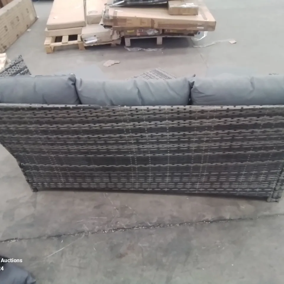 3 SEATER RATTAN SOFA AND 3 FOOT STOOLS WITH ASSORTED CUSHIONS, 