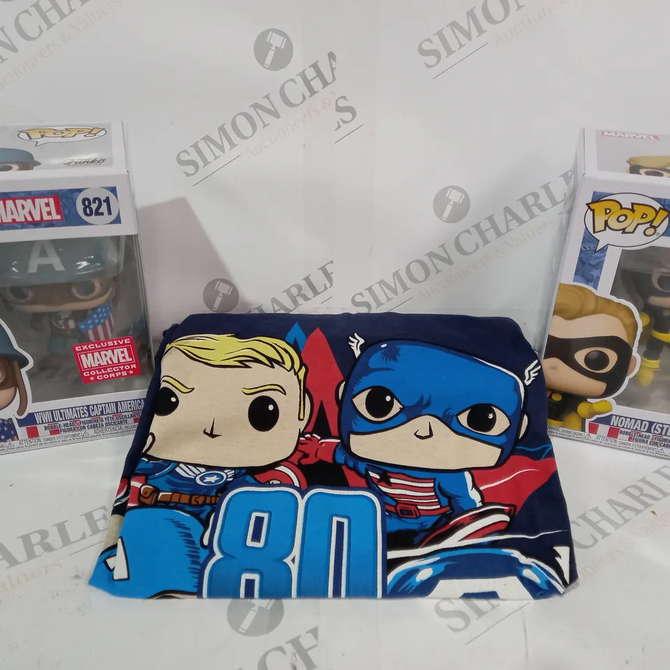 PAIR OF MARVEL POP FIGURES INCLUDING WWII ULTIMATES CAPTAIN AMERICA AND NOMAD (STEVE ROGERS) - 821 AND 820 - COMES WITH TSHIRT SIZE XL
