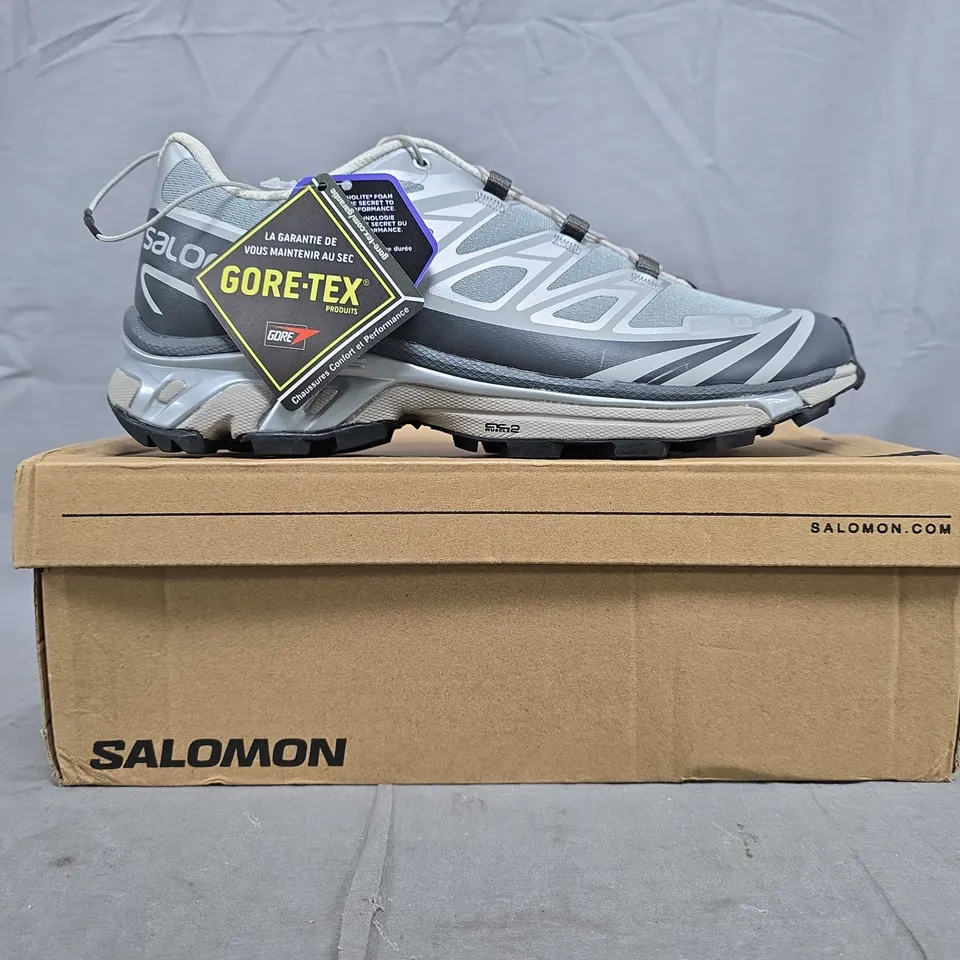 BOXED PAIR OF SALOMON XT-6 FOR DSM TRAINERS IN GREY/SILVER SIZE UK 7.5