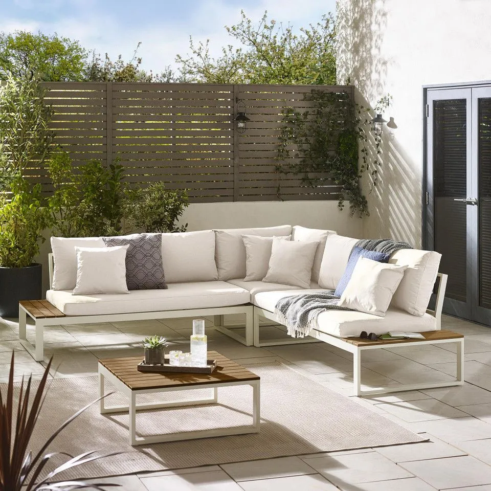 BOXED DUBAI 6 SEAT OUTDOOR SOFA SET - WHITE & CREAM - INCOMPLETE (BOX 1 OUT OF 2 ONLY, NO BOX 2)