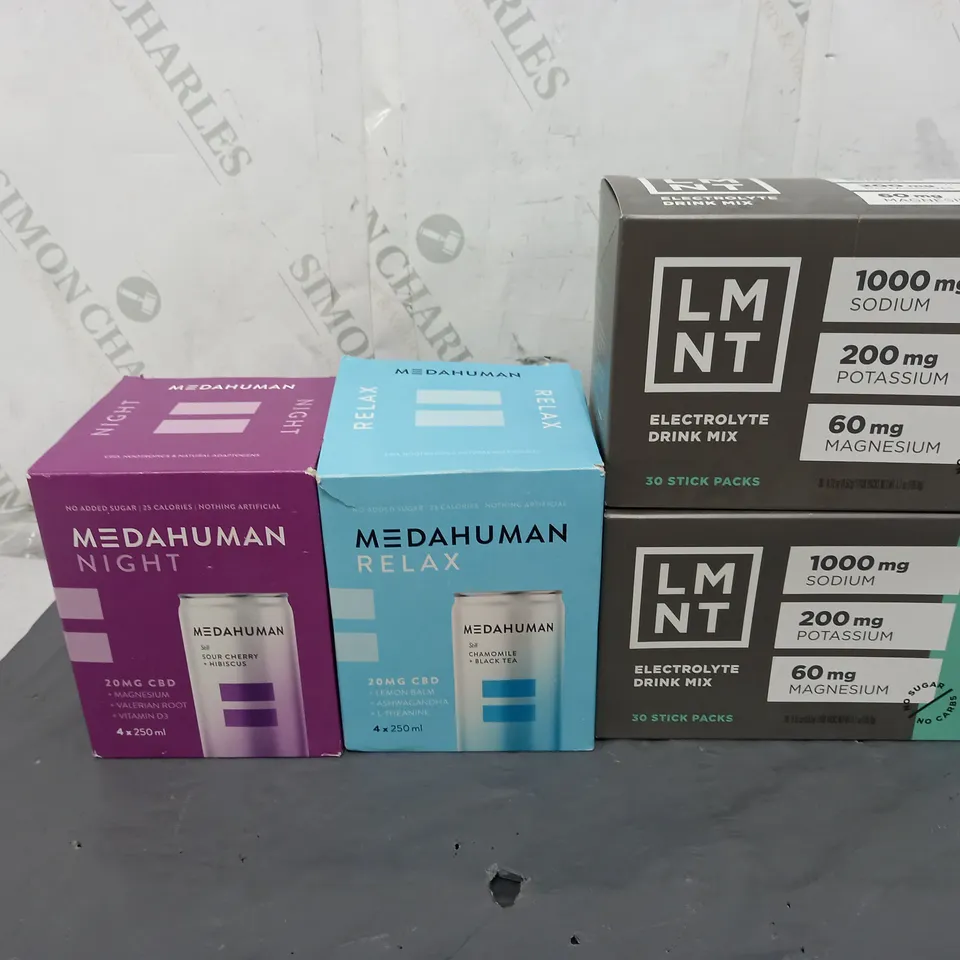 APPROXIMATELY 4 ASSORTED FOOD ITEMS TO INCLUDE - MEDAHUMAN NIGHT, MEDAHUMAN RELAX, AND LMNT ELECTROLYTE DRINK MIX