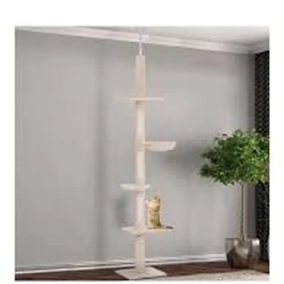 PAWHUT FLOOR TO CEILING CAT TREE 5-TIER KITTY TOWER SCRATCHING POST ADJUSTABLE HEIGHT 230-260 CM- NATURAL - COLLECTION ONLY