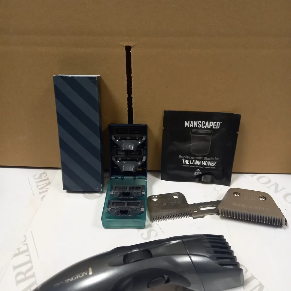 LOT OF APPROXIMATELY 5 HAIR GROOMING ITEMS TO INCLUDE REMINGTON SHAVER, REPLACEMENT RAZOR BLADES, SHAVER HEADS ETC 