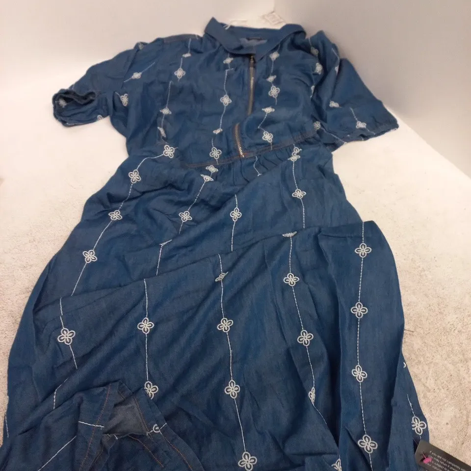 ROMAN DENIM DRESS/JUMPSUIT – BLUE WITH EMBROIDERED STRIPE PATTERN, UK SIZE 20