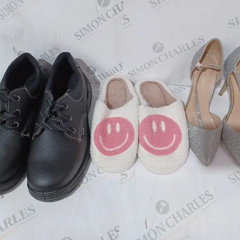 BOX OF APPROXIMATELY 20 ASSORTED PAIRS OF SHOES AND FOOTWEAR ITEMS IN VARIOUS STYLES AND SIZES TO INCLUDE TITAN, NEW LOOK, ETC