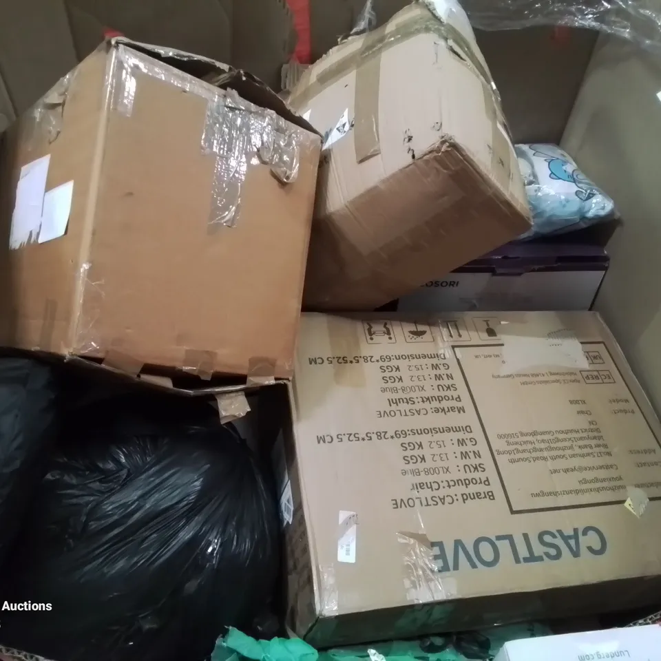 PALLET CONTAINING VARIOUS ASSORTED BOXED HOUSEHOLD ITEMS TO INCLUDE: HEATED THROWS, BABY HIGH CHAIR,  TOILET SEAT RISER, CASTLOVE CHAIR AND LOTS MORE UNMARKED BOXED ITEMS 