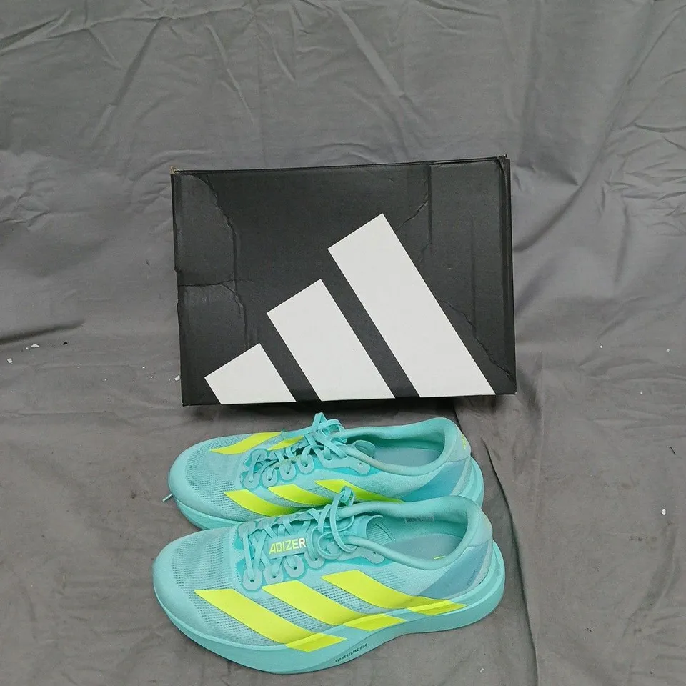 ADIDAS ADIZERO RUNNING SHOES – TURQUOISE WITH NEON YELLOW STRIPES SIZE 7.5