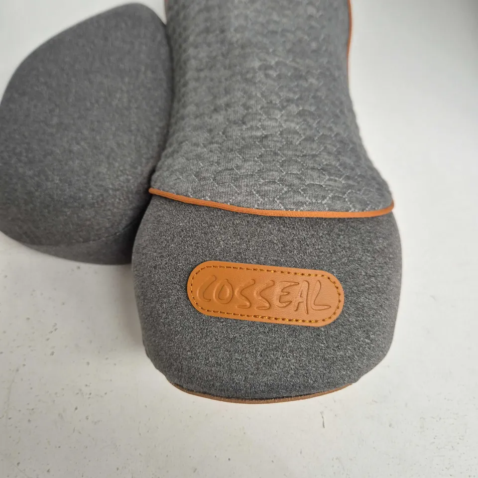 COSSEAL HEATED MASSAGE CUSHION, GREY FABRIC WITH ORANGE TRIM – DUAL CONTROL