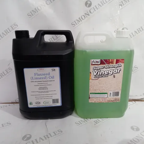 BOX OF APPROX 4 ASSORTED LIQUIDS TO INCLUDE - FLAXSEED OIL - FLOW SUPER STRENGTH VINEGAR ACID