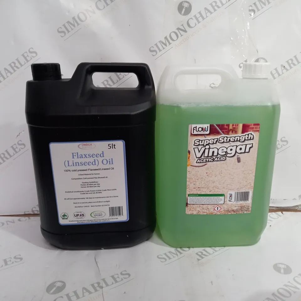 BOX OF APPROX 4 ASSORTED LIQUIDS TO INCLUDE - FLAXSEED OIL - FLOW SUPER STRENGTH VINEGAR ACID