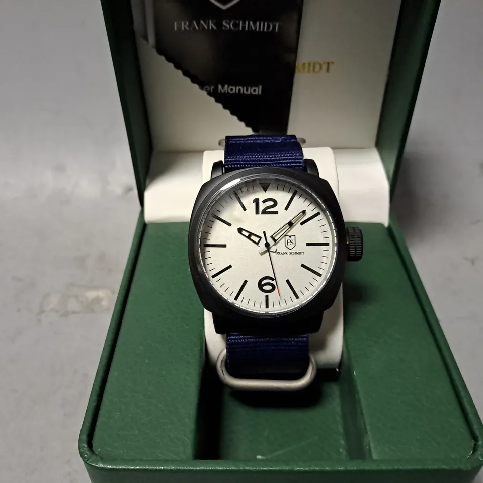 FRANK SCHMIDT WATCH – LARGE BLACK CASE – WHITE PILOT DIAL – BLUE FABRIC STRAP – 3ATM WATER RESISTANT – GIFT BOX INCLUDED