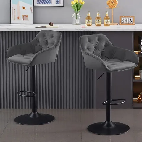 BOXED PAIR OF KAFKA ADJUSTABLE SWIVEL VELVET UPHOLSTERED BAR STOOLS - GREY (1 BOX)