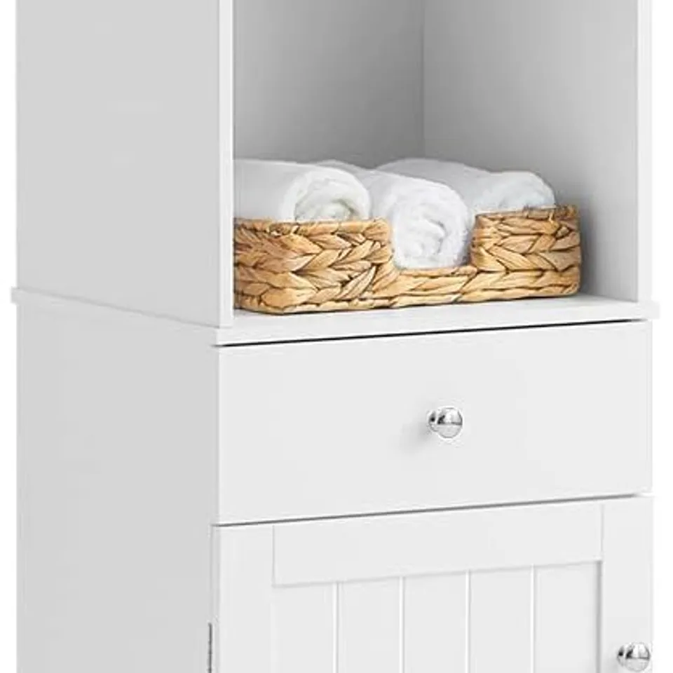 BOXED SOBUY BATHROOM STORAGE CABINET TALL SLIM FREESTANDING BATHROOM UNIT WITH DOOR AND 3 OPEN SHELVES - WHITE (1 BOX)