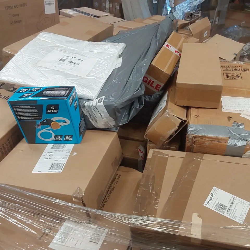 PALLET CONTAINING VARIOUS ASSORTED BOXED HOUSEHOLD ITEMS TO INCLUDE,  ELLIPTICAL MACHINE, AIR BED, BABY HIGH CHAIR, FIRE CADDY, OIL EXTRACTION PUMP AND LOTS MORE UNMARKED BOXED ITEMS 