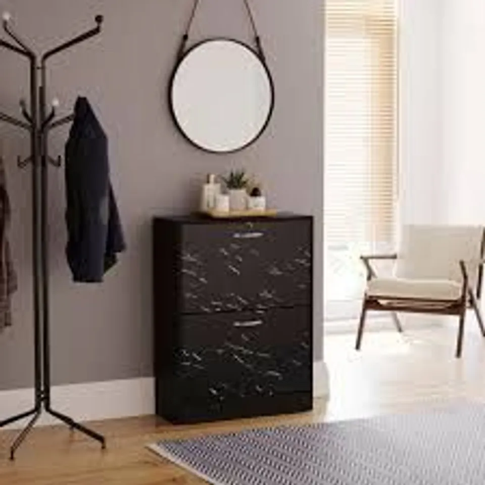 BOXED VIDA LASSIC 2 DRAWER SHOE CABINET - BLACK MARBLE (1 BOX)