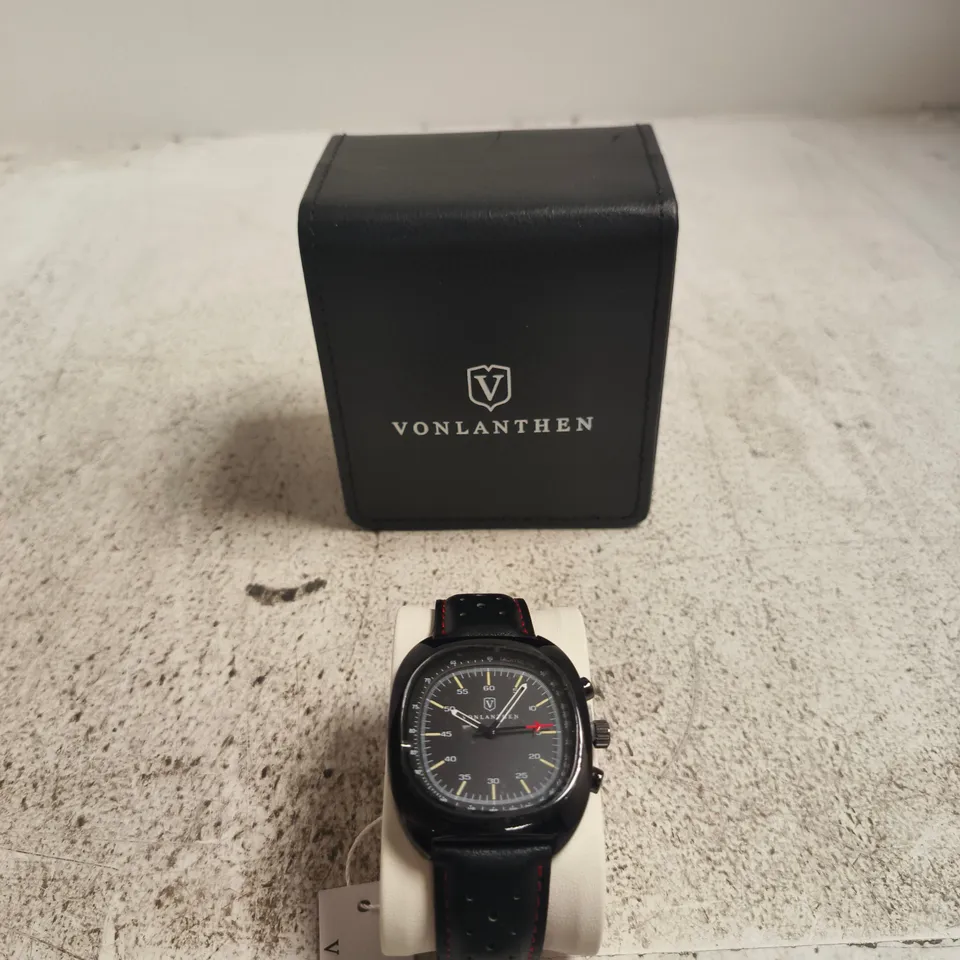 VONLANTHEN WRISTWATCH – BLACK DIAL, PERFORATED LEATHER STRAP