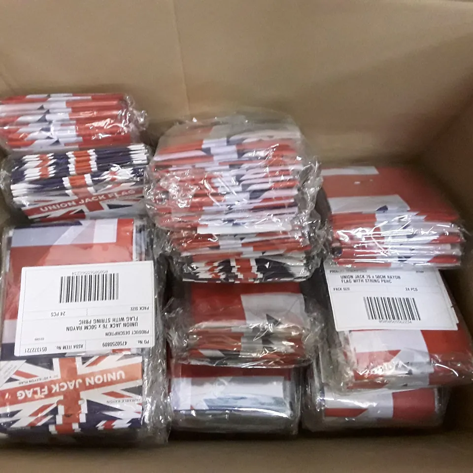 BOX OF APPROXIMATELY 16 PACKS EACH CONTAINING 24 BRAND NEW UNION JACK FLAGS 