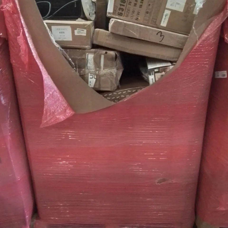 PALLET CONTAINING VARIOUS ASSORTED BOXED HOUSEHOLD ITEMS TO INCLUDE: GARDEN ARCH, RATTAN MIRROR, TOILET SEATS,  SMART HEATER, OFFICE CHAIR AND LOTS MORE UNMARKED BOXED ITEMS 