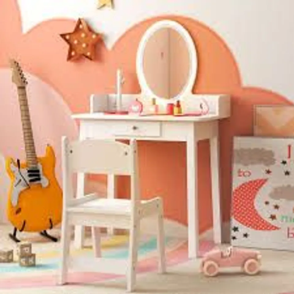 BOXED COSTWAY KIDS WHITE VANITY TABLE AND CHAIR SET WITH LED MIRROR